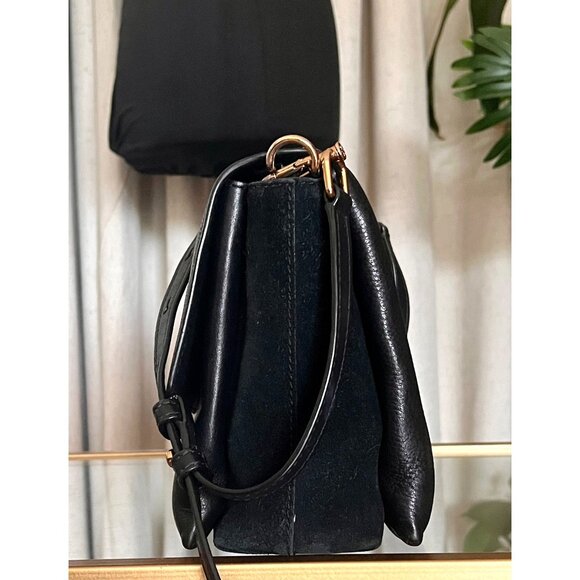 Tory Burch Black Leather and Suede Kira Handbag With Gold Logo Accents & Adjusta - Picture 3 of 13